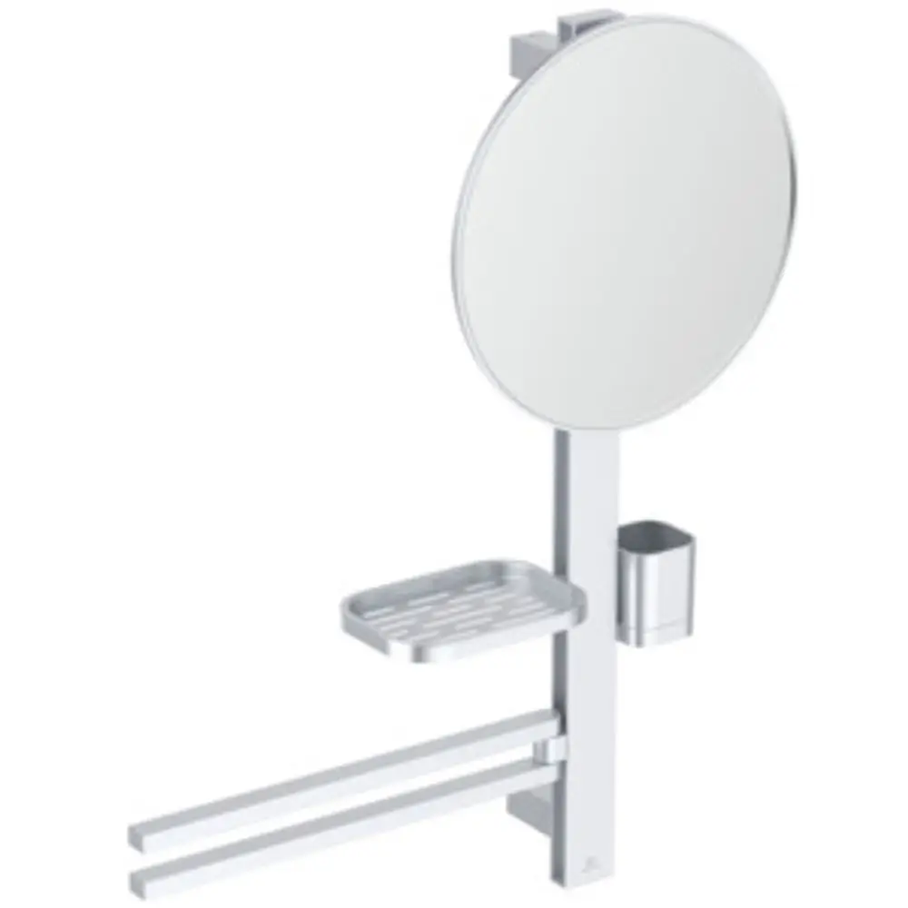Wandmontierter Kosmetikspiegel mit Ablage und Aufbewahrungsbehälter, gefertigt aus Aluminium, in Silber. Ideal Standard.